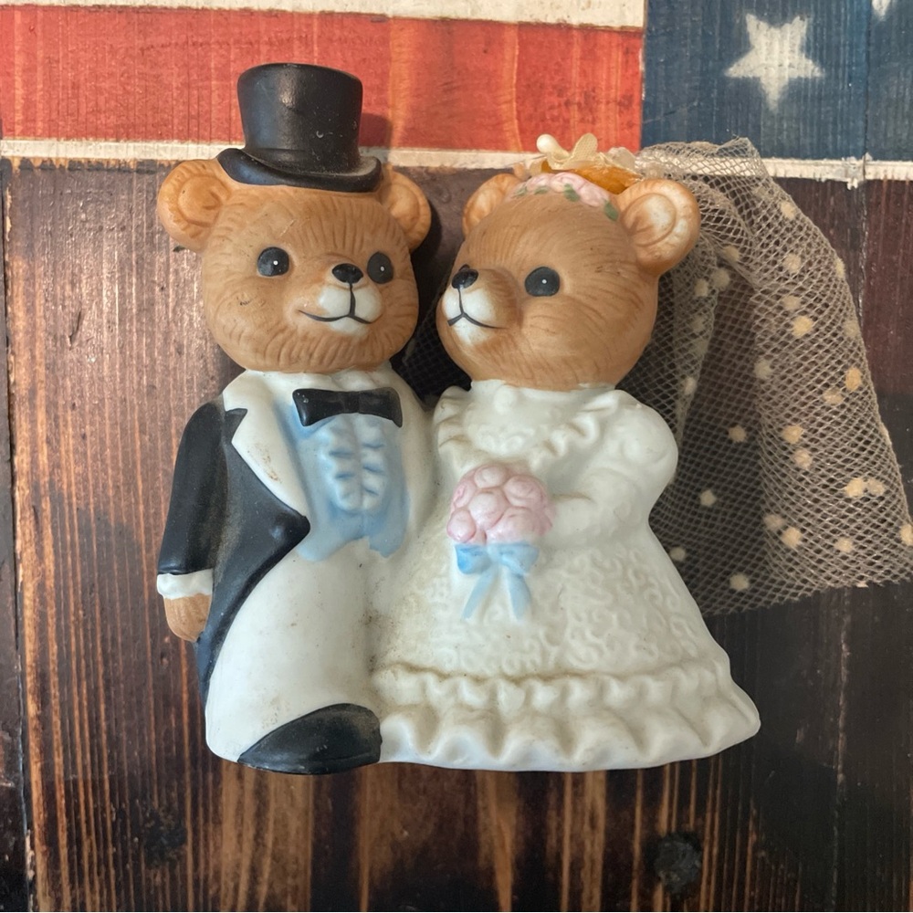 Homco Bear Couple Wedding Figurine - Black, White, Cream